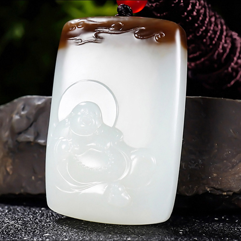 新疆大师冯立辉作品和田玉且末料糖羊脂白玉笑佛挂件27.80克