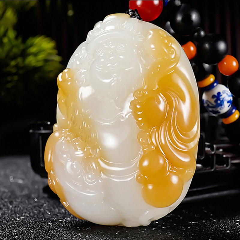 新疆大师冯立辉作品和田玉且末金山料糖羊脂白玉财神把件147.60克