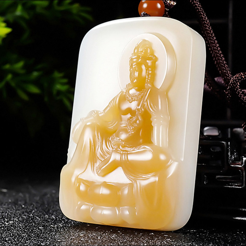 新疆大师冯立辉作品和田玉且末金山料糖羊脂白玉观音挂件99.93克