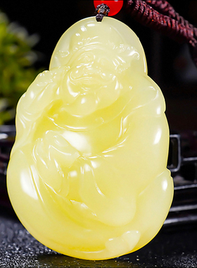 新疆和田玉若羌鸡油黄黄玉财神挂件39.27克 大师冯立辉作品