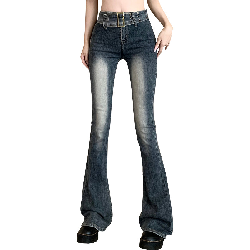 DESIGN SENSE RETRO MICRO FLARED JEANS WOMENS SPRING AND AUTUMN HIGH-WAISTED SLIM HIP LIFTING HORSESHOE PANTS MOPPING LENGTHENED PANTS