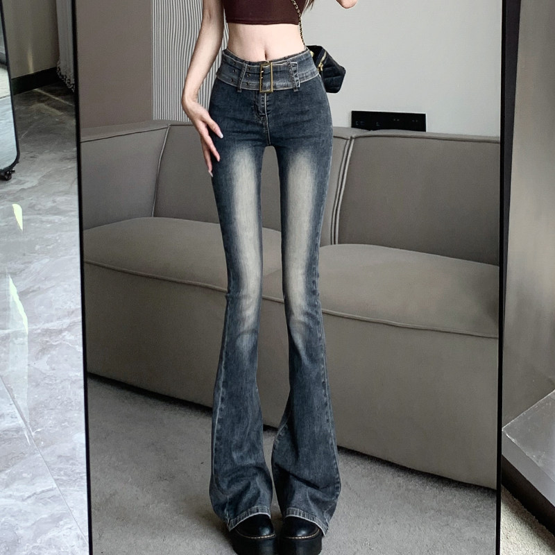 DESIGN SENSE RETRO MICRO FLARED JEANS WOMENS SPRING AND AUTUMN HIGH-WAISTED SLIM HIP LIFTING HORSESHOE PANTS MOPPING LENGTHENED PANTS
