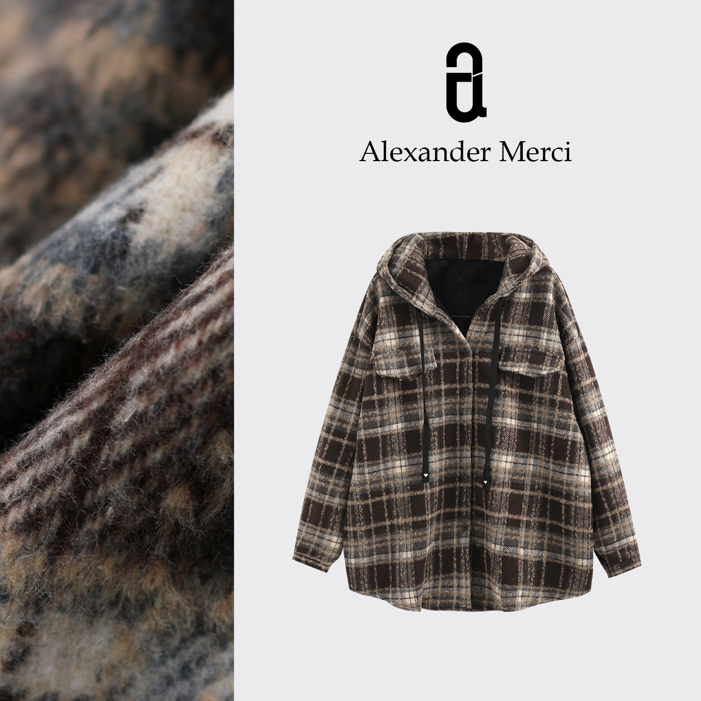 【时髦格调】25秋冬连帽加厚格子衬衫外套 D25T112104