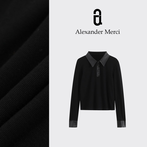 【黑钻菱格】复古Polo皮领通勤百搭质感打底衫 D25T110202