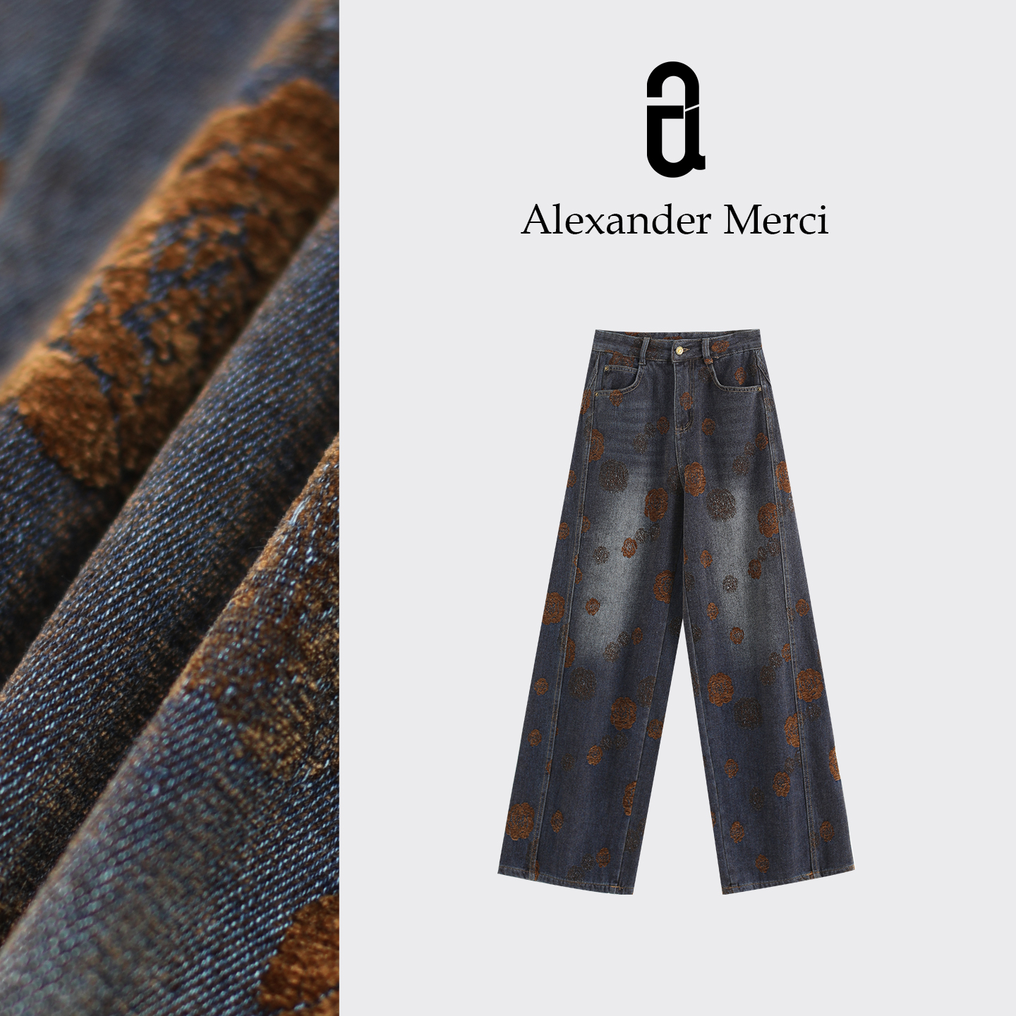 【山茶绒影】山茶烬·植绒花影高腰直筒牛仔弯刀裤 D25T111904