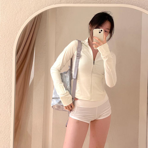 短款高腰反光点夹克瑜伽露营女士运动纯修身速干运动外套紧身健身