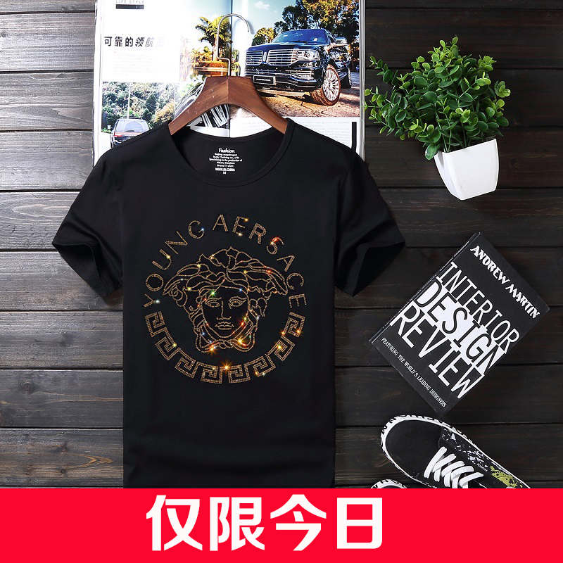 欧洲站夏季圆领美杜莎烫钻短袖大码t恤男韩版修身社会精神小伙潮