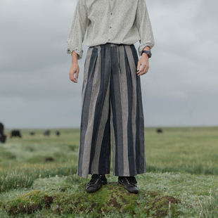 条纹直筒裤 雾撞山野春季 舒适剪裁亚麻阔腿裤 宽松透气棉麻长裤 薄款