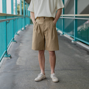 男简约松紧腰百搭五分裤 日系复古卡其色休闲短裤 薄款 雾撞山野夏季