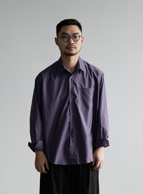 雾撞山野紫色长袖衬衫男廓形宽松休闲日系复古纯色高级感衬衣外套