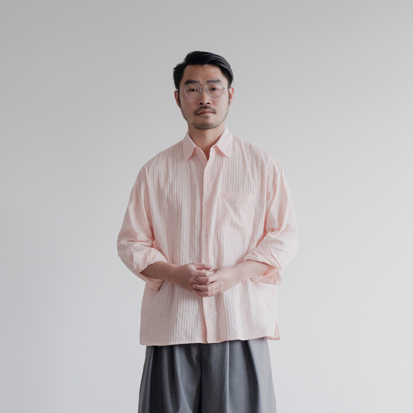 雾撞山野粉色条纹肌理感衬衫男春季清新少年感穿搭设计感衬衣内搭