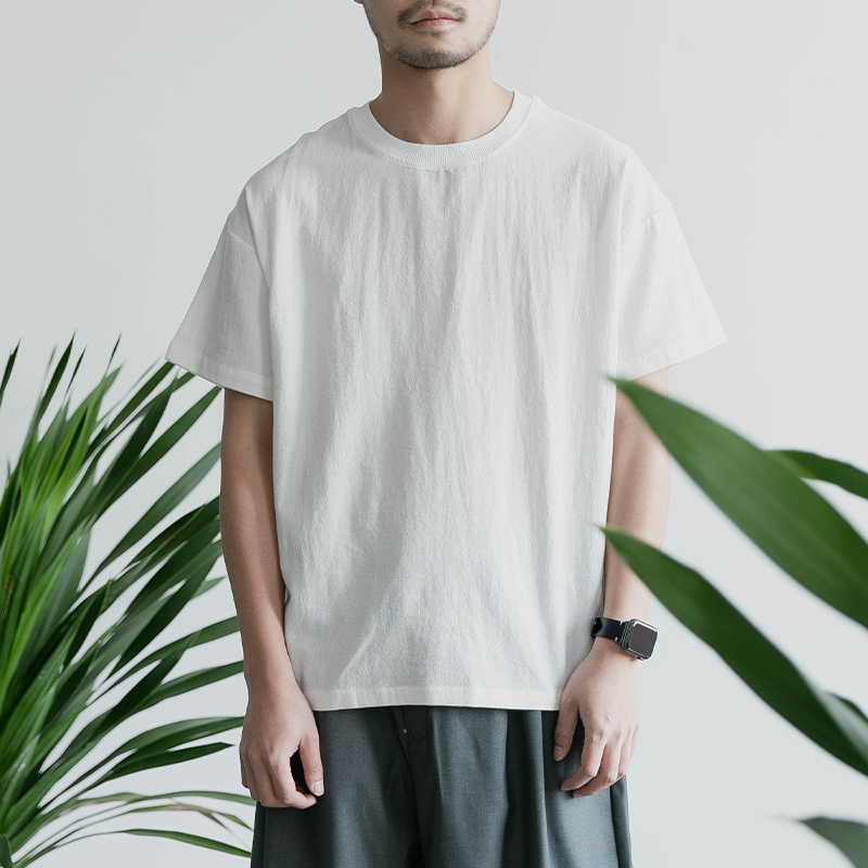 雾撞山野日系简约白色棉麻质感T恤夏季薄款休闲圆领短袖纯色T情侣