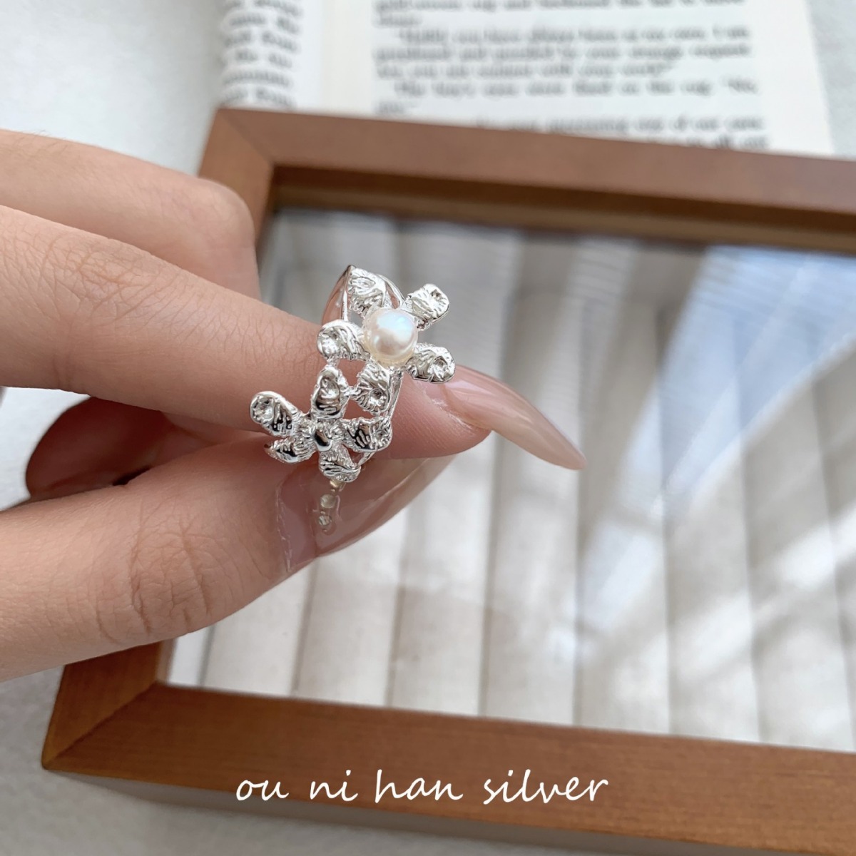lulu 韩国S925纯银天然珍珠花朵戒指女ins风小众设计轻奢气质指环
