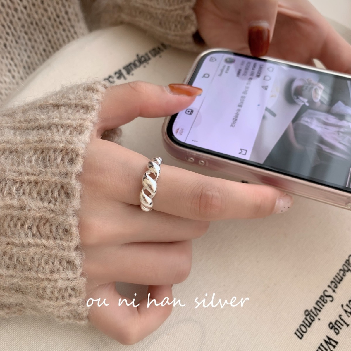 lulu 韩国ins博主同款925纯银牛角包戒指女小众设计感极简食指环