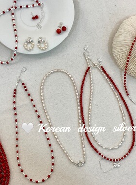 韩国轻奢高级感锁骨链 S925纯银简约红色圆珠项链 圣诞新年单品女