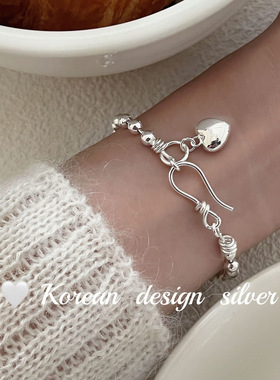 韩国简约ins风银饰品 S925纯银爱心光珠子手链 叠戴个性小众设计