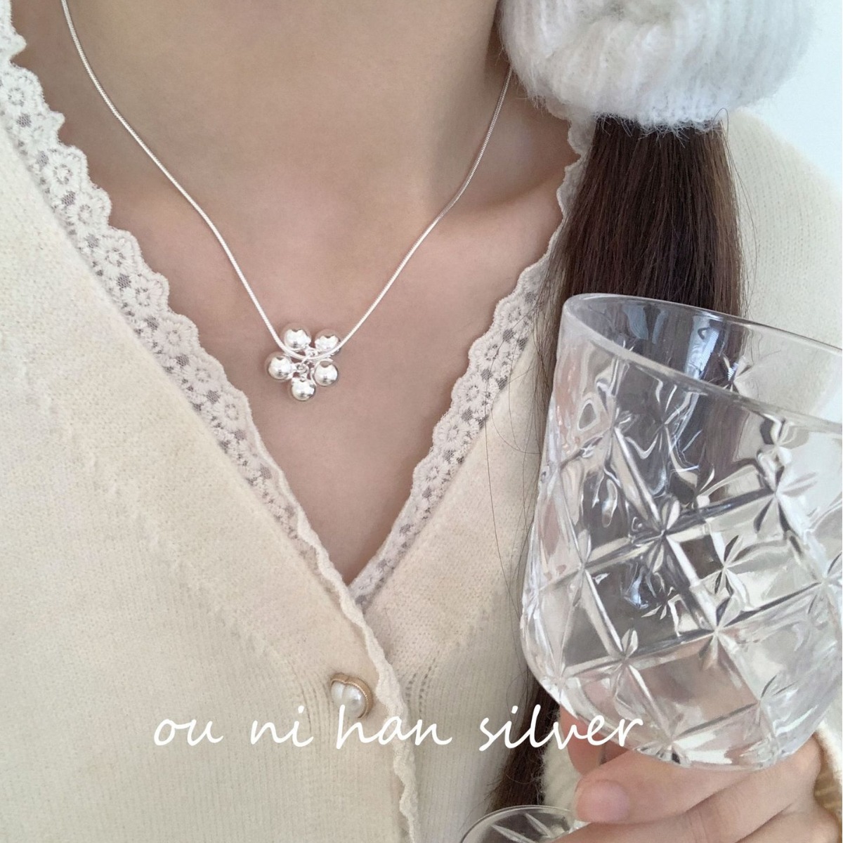 lulu S925纯银葡萄串项链女ins风简约时尚小众设计圆珠蛇骨毛衣链