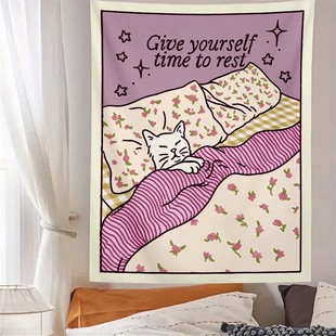 美式复古插画艺术小猫背景布ins文艺挂布卧室背景墙装饰挂毯定制