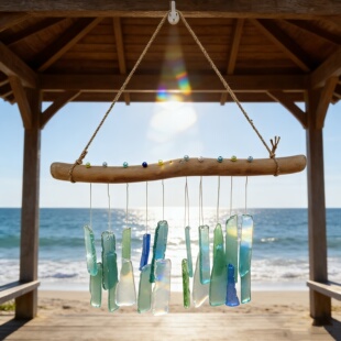 Sea Glass and Driftwood Chime Sandblas手工海玻璃彩珠风铃挂件