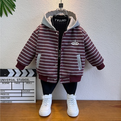 男童外套秋冬加厚二夹棉儿童条纹连帽卫衣2025新款潮牌宝宝棒球服