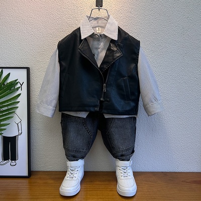 儿童套装男童春装2025新款皮马甲三件套男宝秋套装帅气时髦衣服潮