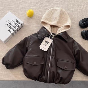 男童加绒皮衣2025新款中兔毛卡通宝宝洋气皮夹克冬装儿童连帽外套