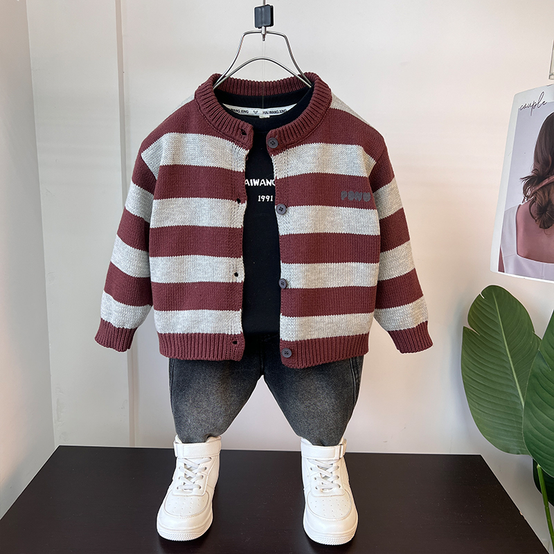 男童针织外套春秋款2025新款潮宝宝男孩毛衣开衫日系条纹儿童上衣