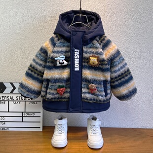 男童冬装外套2025新款冬加厚宝宝玩偶衣服羊羔绒儿童加绒连帽棉服