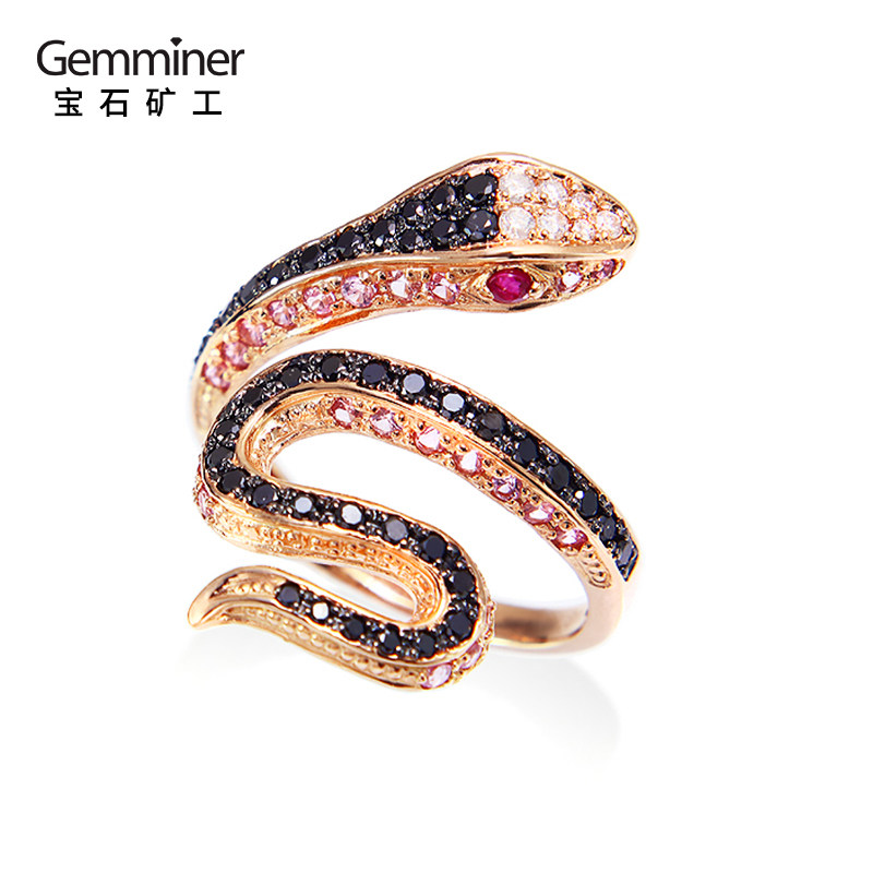 宝石矿工 18k玫瑰金蛇戒指 高级感蛇形钻石女戒 黑白钻石戒指真钻