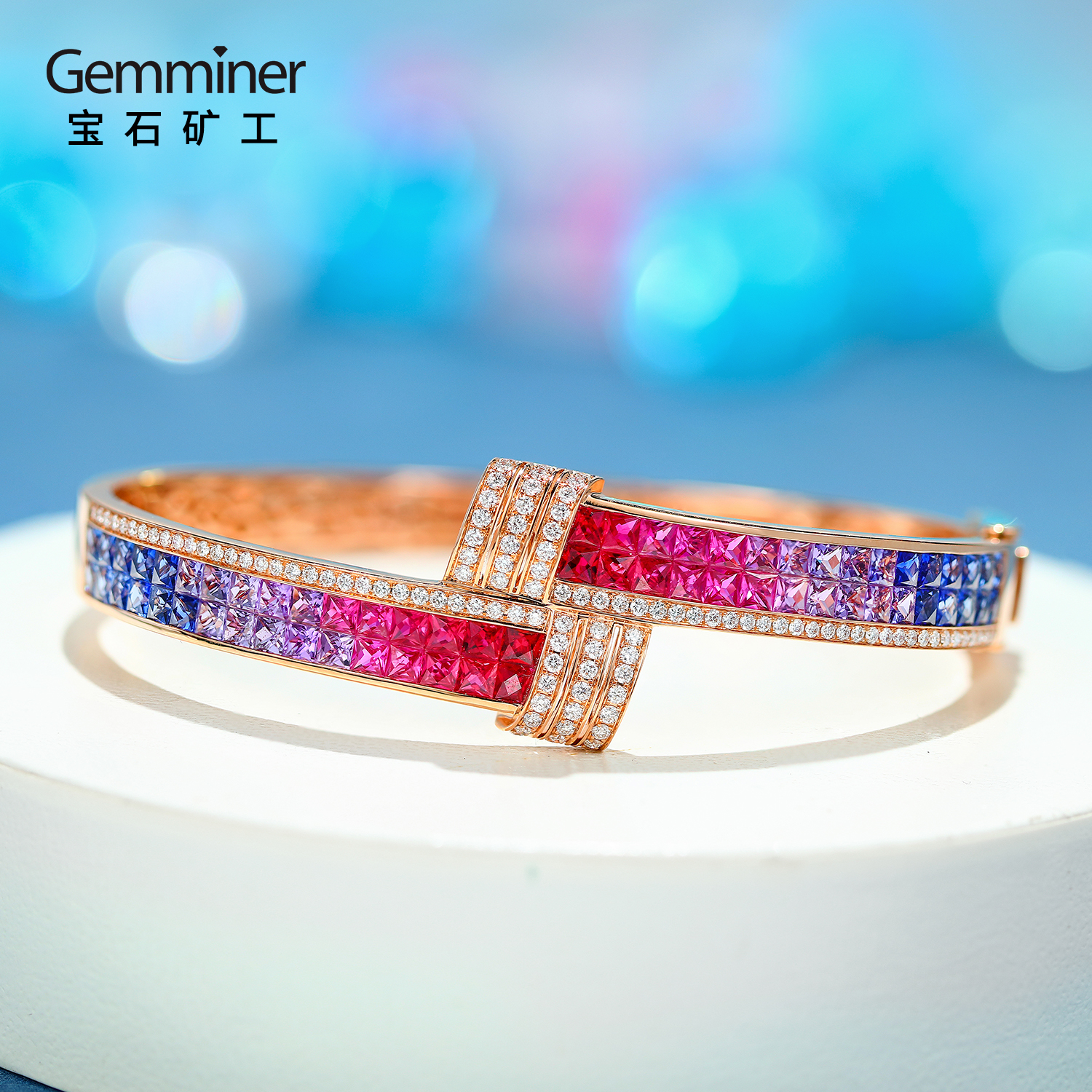 宝石矿工 18k黄金彩虹钻石手镯拼镶渐变色彩宝石手镯时尚个性新款