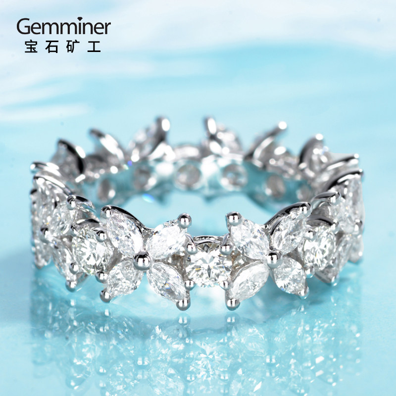 宝石矿工 18k白金满圈钻石戒指 马眼型钻石2克拉钻戒 橄榄形女戒