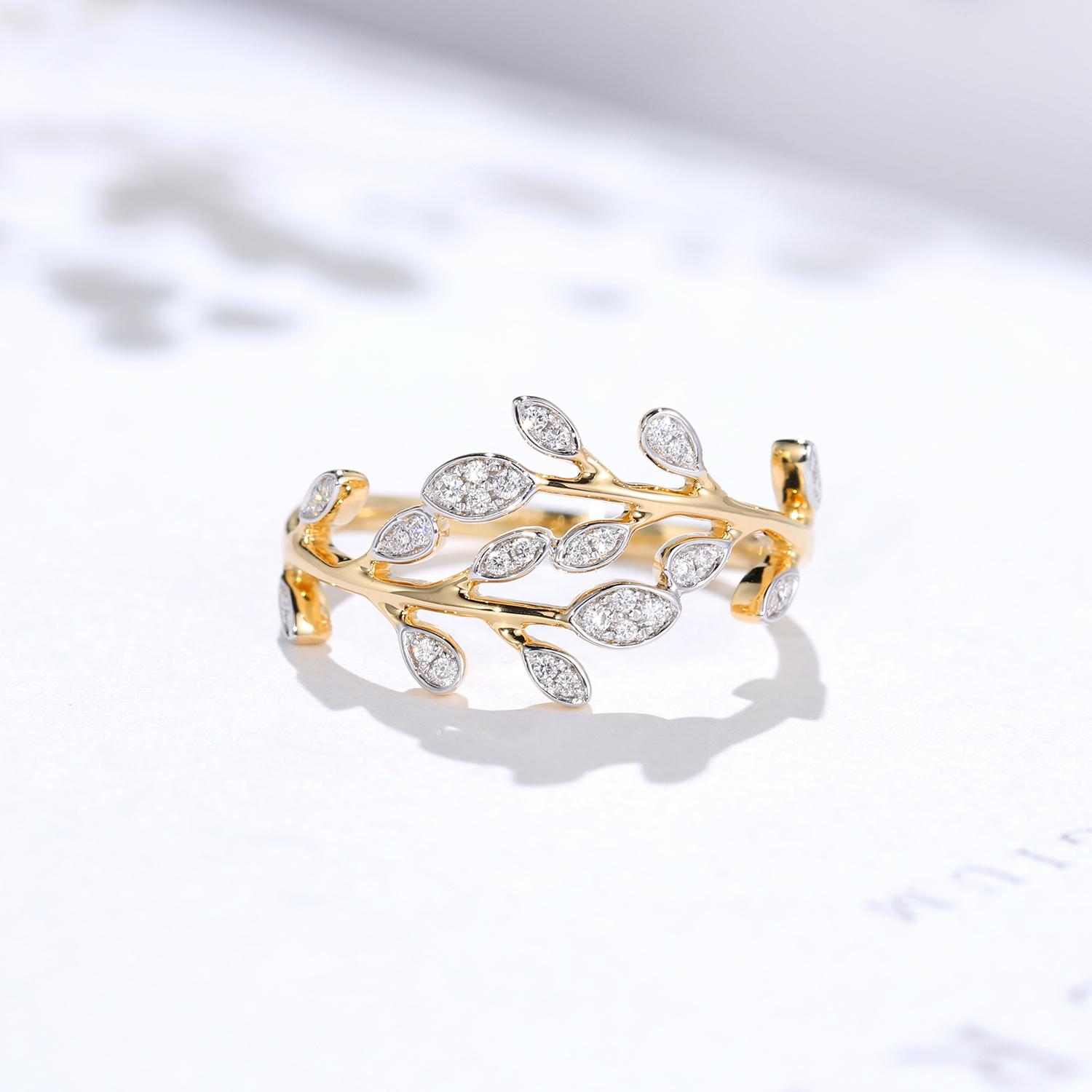 宝石矿工 18k黄金白金分色叶子钻石戒指精致天然真钻钻戒正品女-封面