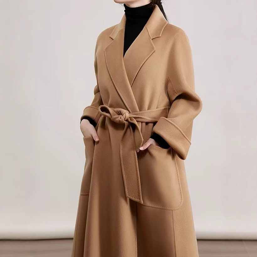 2025秋冬经典浴袍款米白杏色大口袋宽松中长款双面羊毛羊绒大衣女