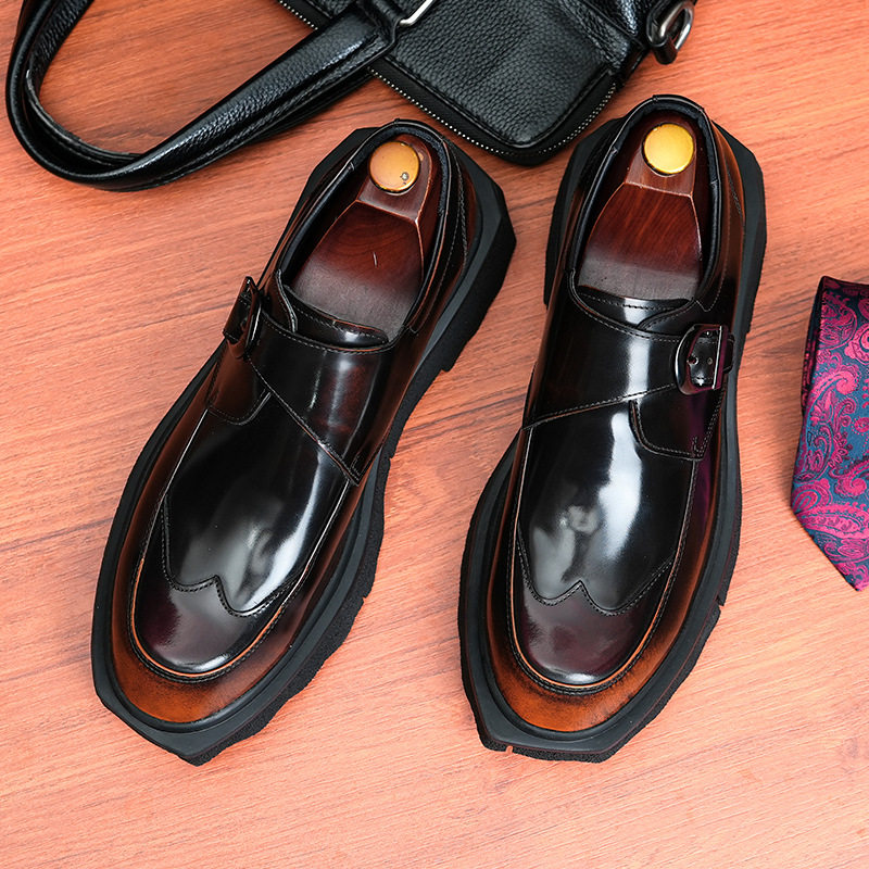 手工孟克鞋男士大码真皮商务休闲皮鞋英伦厚底增高男鞋亮面正装鞋