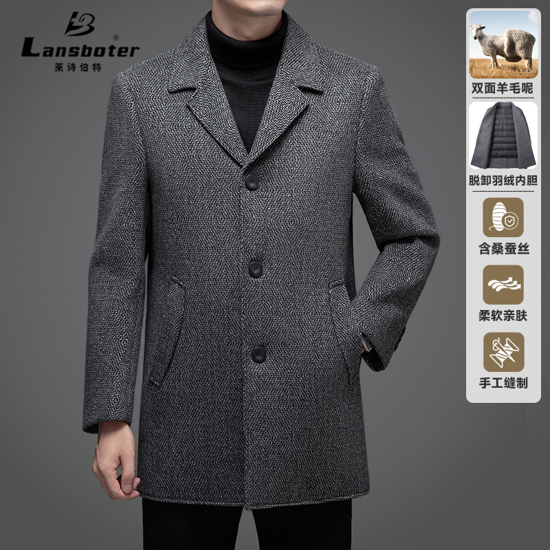 含桑蚕丝双面呢羊毛大衣男士加厚脱卸内胆中老年爸爸保暖羊绒外套