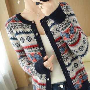 女圆领毛衣外套针织短款 2023年春款 100净羊绒开衫 复古民族风新款