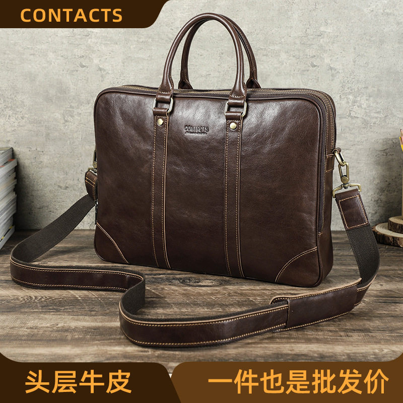复古头层牛皮单肩斜挎包可装14.2寸商务手提电脑公文包