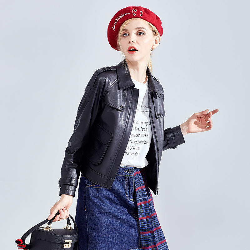 海宁春季新款真皮皮衣女外套女短款修身绵羊皮机车皮夹克女