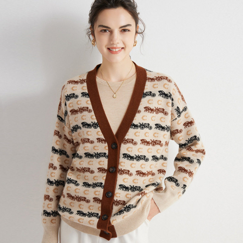 2023秋冬新款羊绒开衫女100山羊绒马车提花V领长袖宽松毛衣外套