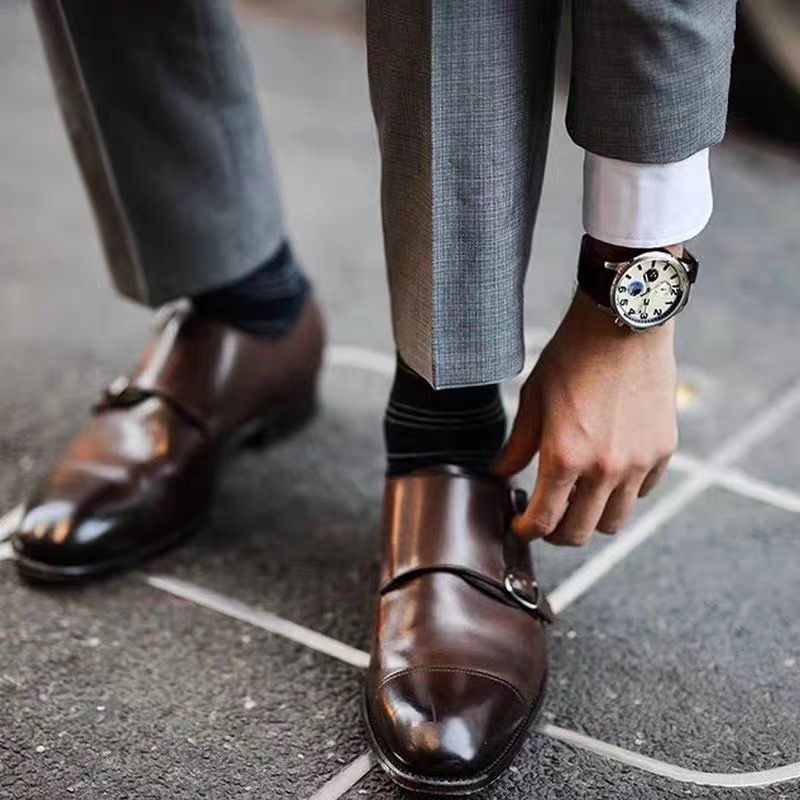 内增高6m英伦经典孟克鞋商务尖头正装皮鞋男头层牛皮真皮僧侣鞋8