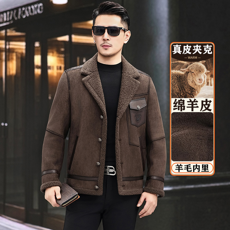 真皮皮衣男士冬季加厚皮毛一体韩版中青年机车皮夹克羊羔毛外套男