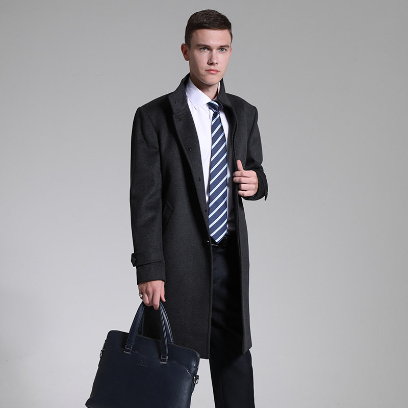 上海秋冬款男毛呢大衣休闲单排扣灰色中长款羊毛风衣立领男外套