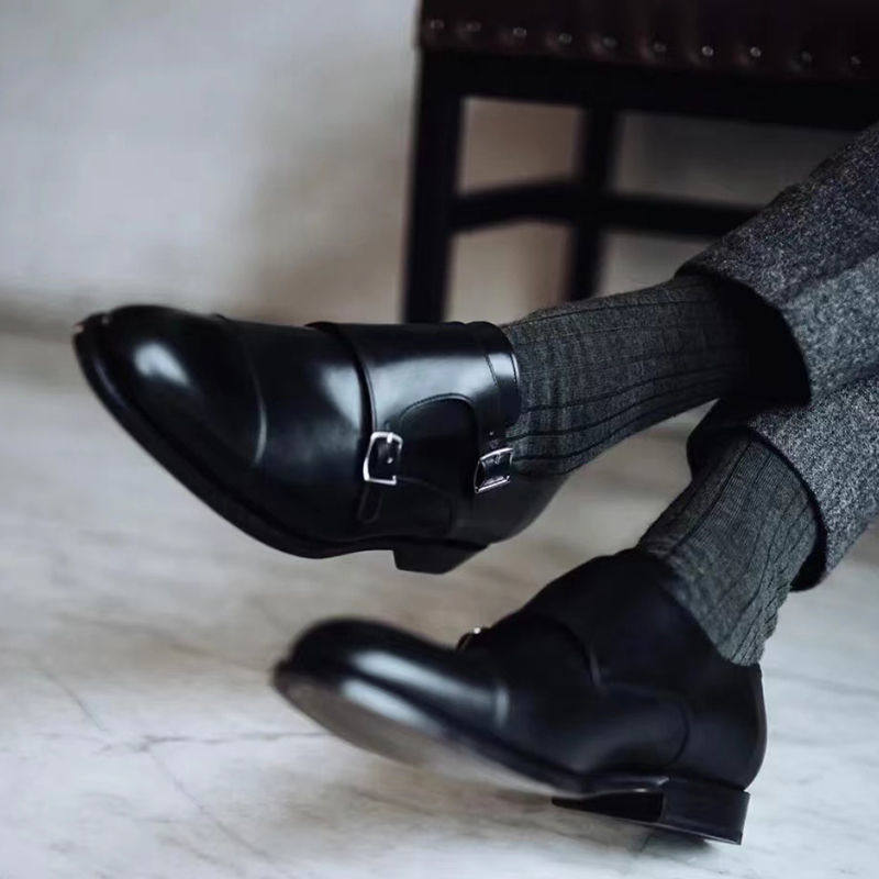 内增高6m英伦经典孟克鞋商务尖头正装皮鞋男头层牛皮真皮僧侣鞋8