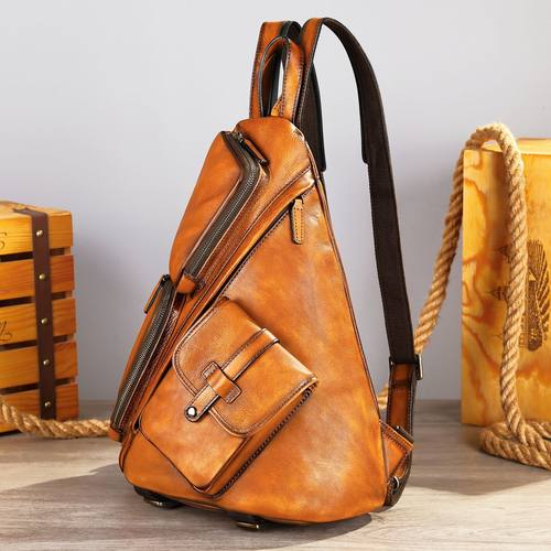 实用复古胸包真皮时尚新款多功能双肩包男士大容量斜挎包