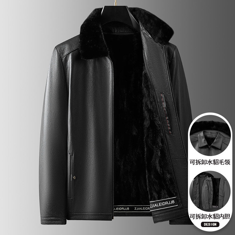 海宁山羊皮真皮皮衣男士中老年爸爸装水貂毛翻领绵羊皮夹克外套