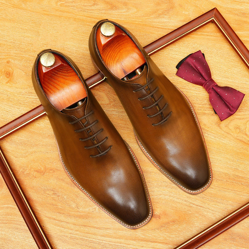 正装皮鞋男真皮整张皮尖头商务牛津鞋实体店手工高订结婚新郎男鞋