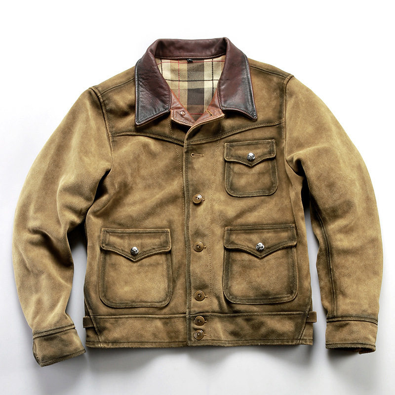 RL三兜真皮夹克美式复古外套秋冬灯芯绒翻领反绒面黄牛皮皮衣