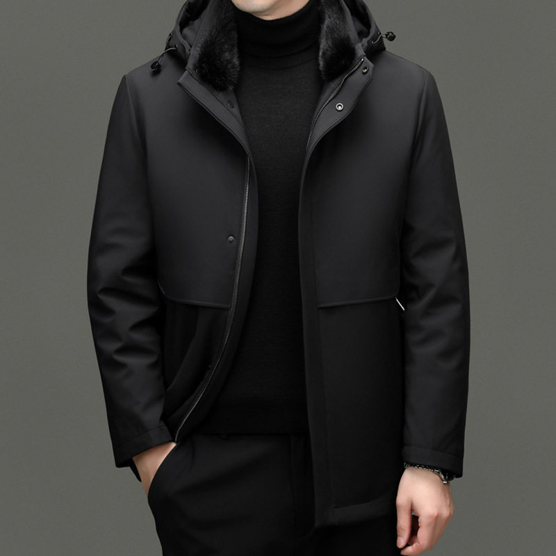 可脱卸内胆鹅绒服冬季保暖中青年男士商务休闲连帽水貂毛领羽绒服