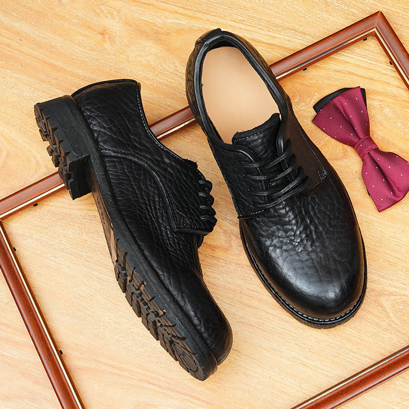 外贸皮鞋野牛皮复古水洗固特异真皮大底商务休闲英伦男鞋德比鞋