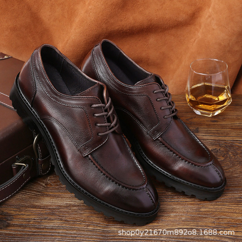 商务正装皮鞋男士真皮英伦固特异休闲鞋男皮底复古植鞣水洗手工鞋